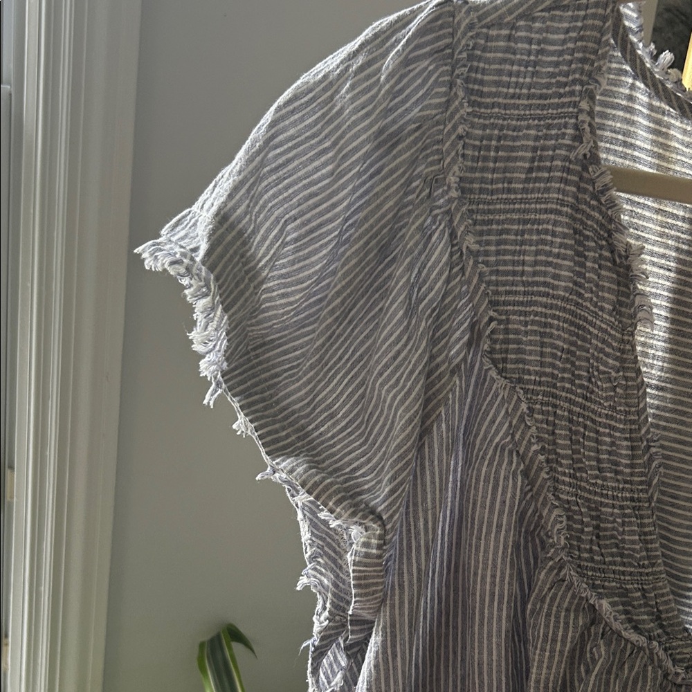 Anthropologie Blue and White Striped Ruffle Low V-Neck Blouse - Picture 5 of 6